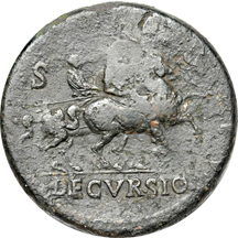 Roman Empire. Nero (AD 54-68) AE Sestertius (25.15 gm.). Lugdunum (Lyon) mint c. 65 AD. Laureate head left, globe at point of bust, countermark X with bar below; Nero on horseback. Good VF.
