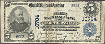 1902 $5.00. Caruthersville, MO Charter# 10784 Blue Seal. F.