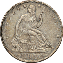 Seven Seated Liberty half-dollars.