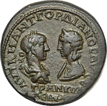 Roman Empire. Gordian III and Sabinia Tranquillina, confronted draped busts, Bronze AS of Pentassarion Markianopolis/Nemisis reverse/Moushmov 833 (27mm, 11.7 grams). Good  VF.