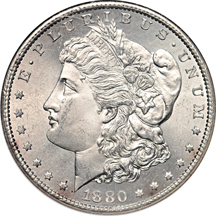 Four high-grade certified Mercury dimes, plus an 1880-S Morgan dollar graded MS-65 by NGC.