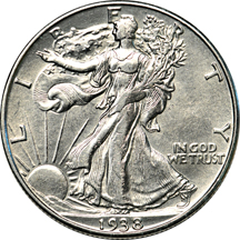 Thirty-nine Walking Liberty half-dollars (1934 through 1947-D).