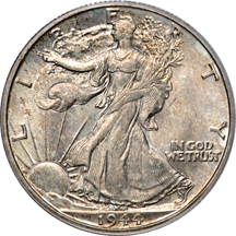 Five PCGS certified Walking Liberty half-dollars.