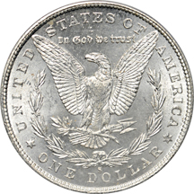 Five PCGS certified MS-64 Morgan dollars.