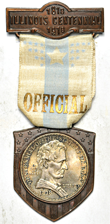 1918 Illinois Centennial Official's Badge with Illinois Commemorative Half Dollar. AU.