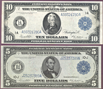 1914 $5 Kansas City and 1914 $10.00 Boston.  Blue Seal. VF.