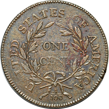 1795 "Plain Edge/Five Three-Leaf Clusters on Left. Branch/One Cent Central" (S-77, R.3). VF/recolored.