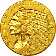 Seven Indian-head half-eagles.