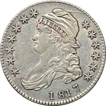 1817 (O-106) Bust half-dollar XF and 1917-D (obverse) XF/cleaned.