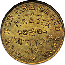 1864 Watertown, WI "T. Racek" Token (F-920M-1b), one beer, NGC MS-65.