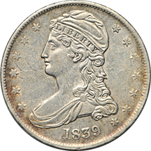 1878-S Trade dollar AU details/cleaned and an 1839 Bust half-dollar AU details/cleaned.