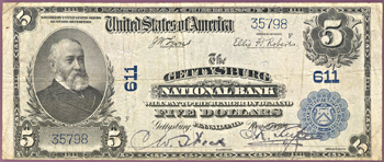 1902 $5.00. Gettysburg, PA Charter# 611 Blue Seal. F.