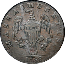 1788 Massachusetts Cent, Period After MASSACHUSETTS. NGC XF-40 BN.