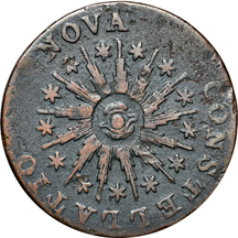 1723 Hibernia Farthing VF, 1785 Nova Constellatio Copper, Lg. U.S., Ptd. Rays, VF/corroded, 1787 Connecticut Copper VF and 1787 Fugio Copper/United States VF Detail/corroded..