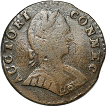 1723 Hibernia Farthing VF, 1785 Nova Constellatio Copper, Lg. U.S., Ptd. Rays, VF/corroded, 1787 Connecticut Copper VF and 1787 Fugio Copper/United States VF Detail/corroded..