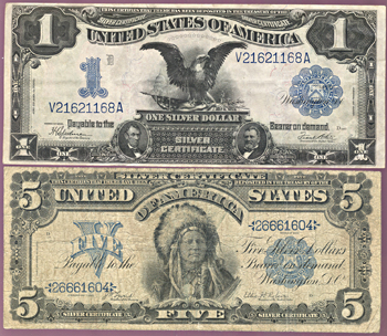 1899 $5.00 VG, and an 1899 $1 VF.