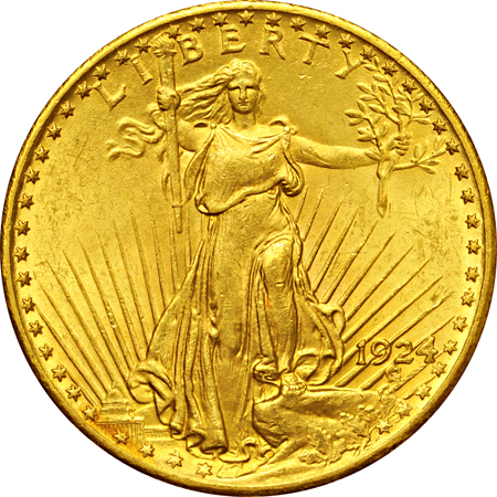 Five AU Saint-Gaudens double eagles.