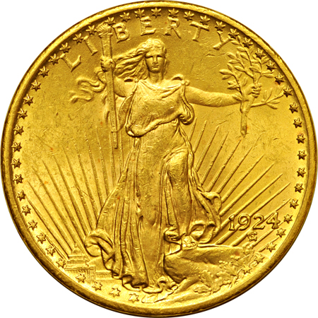 Three Liberty double eagles, a Saint-Gaudens double eagle, a Liberty eagle, an Indian half-eagle, and a one-dollar gold piece.