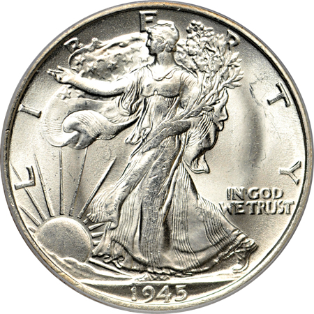 Five PCGS certified Walking Liberty half-dollars.  Two MS-65, and three MS-66.