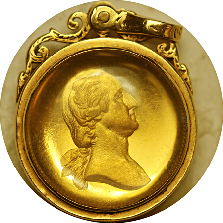 (1864 - 1866) U. S. Mint Washington and Lincoln gold medalette by Paquet (Baker-245, Julian PR-30, King-112, R.7) encased in period 14 kt. Gold bezel. MS-63 PL.