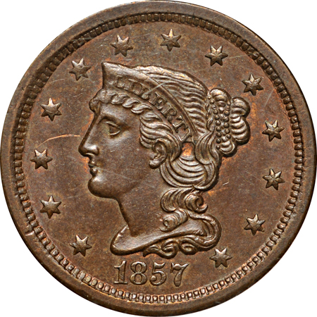 1857 Small Date (N-4). ANACS MS-64 BRN.