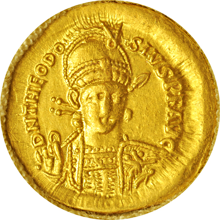 Roman Empire.  Theodosius (AD 402 - 450) Gold Solidus (displayed in deluxe, descriptive display frame, 12-1/2" x 17-3/4"). XF.