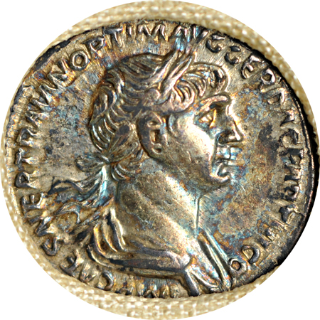 Roman Empire. Trajan (AD 98-117) Silver Denarius and Hadrian (AD117-138) Silver Denarius. Each displayed in a deluxe, descriptive frame (13" x 19-1/8" and 12-3/4" x 18-1/4", respectively). XF.
