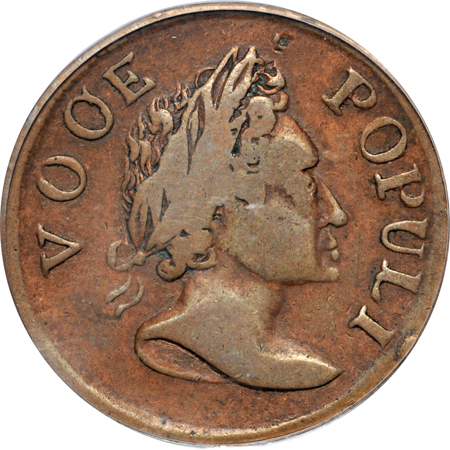 1760 Voce Populi Halfpenny, "VOOE" variety (Nelson 3, Zelinka 7-E, Breen 227, R.3) PCGS VF-25.