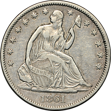 Twenty Seated Liberty half-dollars.