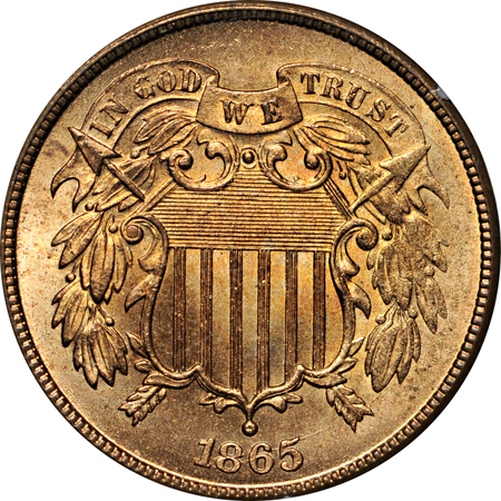 1865 PCGS MS-64RD (rattler).