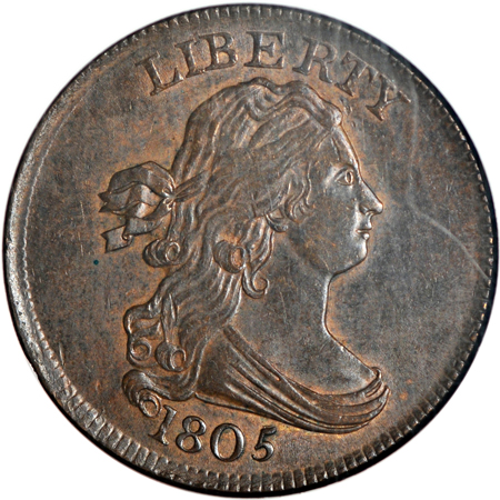 1805 Medium 5 - Stemless (C-1, R.1). NGC MS-64 BN.