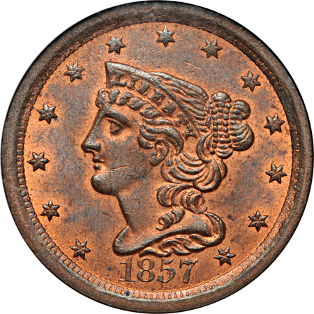 1857 (C-1, R.1) NGC MS-64 RB.