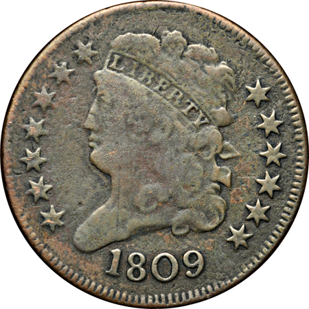 1809 Normal Date (C-1, R.5+). VG/reverse planchet flaw.