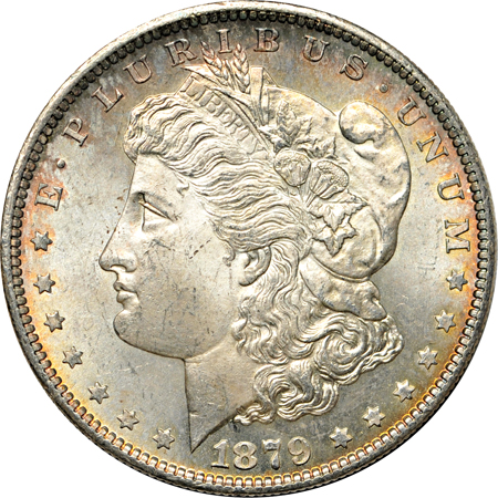 Six Morgan silver dollars, including semi-PL and PL examples.