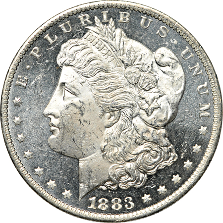 Six Morgan silver dollars, including semi-PL and PL examples.