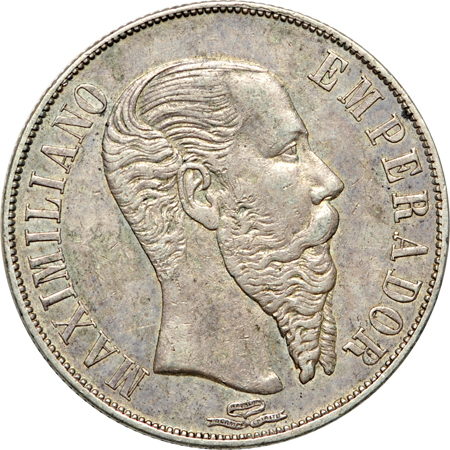 Mexico.  Five 1866 Pesos and an 1866 Centavo.