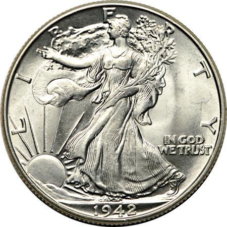 Thirteen uncirculated Walking Liberty half-dollars.