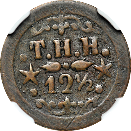 1879 Kahului & Wailuku Railroad (issurer Thomas H. Hobron) 12-1/2 (cents) token/2TE-8. NGC VF Details/environmental damage.