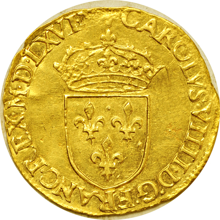 France. 1566-D (Lyon mint) Charles IX gold Ecu d' Or.  XF.