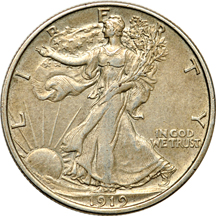 Six collector date Walking Liberty half-dollars.