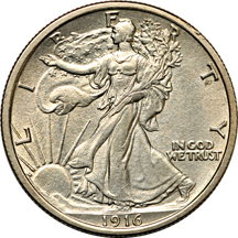 Four collector date Walking Liberty half-dollars.