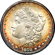 Three 1878 Morgan dollars in Paramount MS-60 holders.