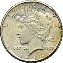 Eight AU/UNC Peace dollars.