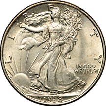 Ten Walking Liberty half-dollars.