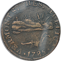 1785 Vermont copper.  VERMONTS variety (Ryder-2, R.4 to R.3) PCGS XF-45.