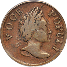 1760 Voce Populi Halfpenny, "VOOE" variety (Nelson 3, Zelinka 7-E, Breen 227, R.3) PCGS VF-25.