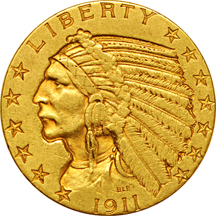 1904 Liberty half-eagle AU and 1911 Indian half-eagle VF.