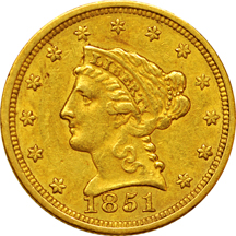 1851 quarter-eagle XF, 1851 gold dollar XF, and 1874 gold dollar AU.