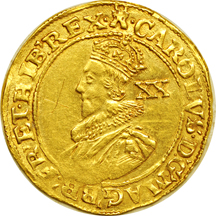 Britain.  No Date (1625 - 1642, Tower mint) Charles I, Second Crowned Bust, Gold Unite (KM-151.1). XF, scratched.