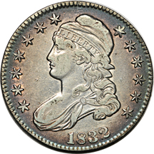 Fifteen Bust half-dollars, lettered edge.